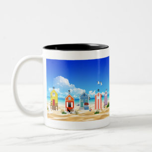 Beach Ocean Sea Sand Sun Landscape Huts Fishing. Zweifarbige Tasse