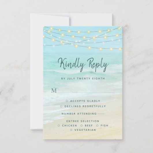 Beach Ocean String Lights Hochzeit mit Menu UAWG RSVP Karte (Vorderseite)