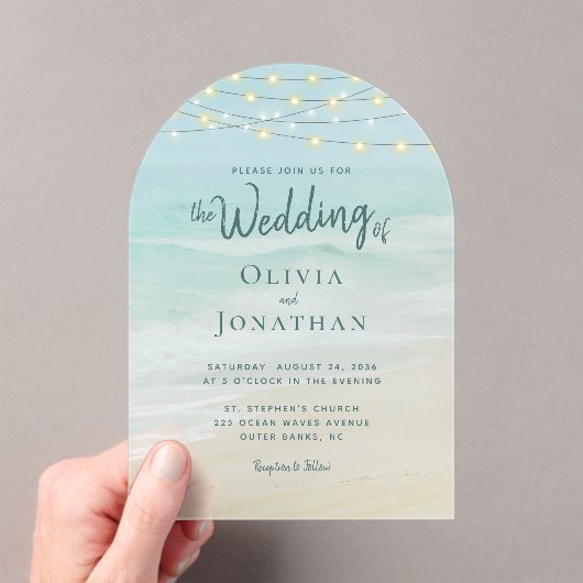 Beach Ocean String Lights Wedding Acryleinladungen (Insitu (Handheld))