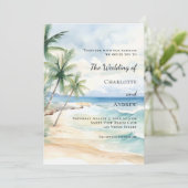 Beach ocean tropical palm destination wedding einladung (Stehend Vorderseite)