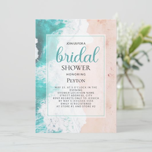 Beach Ocean Türkis Tan Brautparty Einladung (Stehend Vorderseite)