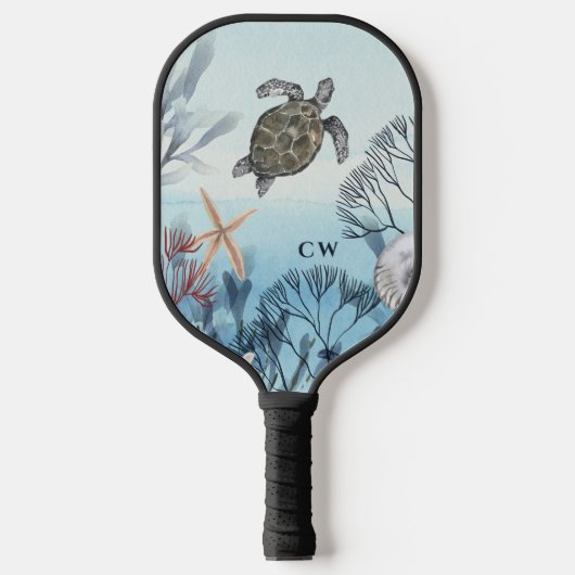 Beach Ocean Turtle Mit Monogramm Pickleball Schläger (Vorderseite)