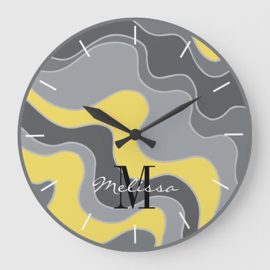 Beach Ocean Waves Yellow and Grey Monogram Große Wanduhr (Vorderseite)
