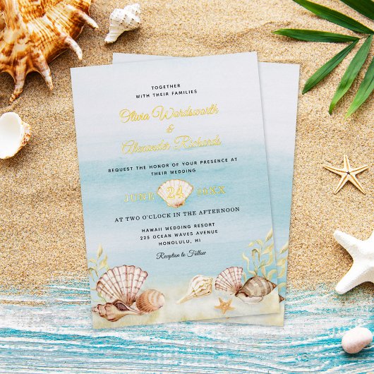 Beach Ocean Wedding Elegante Gold Folieneinladung