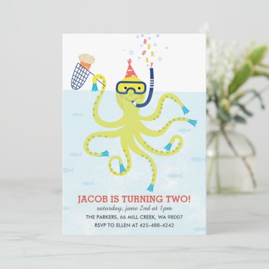 Beach Octopus Kindergeburtstag Einladung (Stehend Vorderseite)