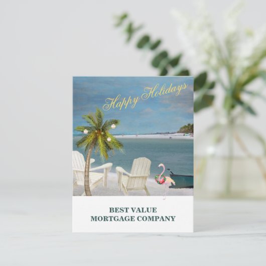 Beach Palm Flamingo Business Budget-Urlaubskarte Ankündigung (Stehend Vorderseite)