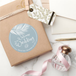Beach Palm Leaf Dusty Blue Wedding Empfang Runder Aufkleber