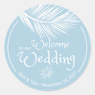 Beach Palm Leaf Soft Blue Wedding Empfang Runder Aufkleber