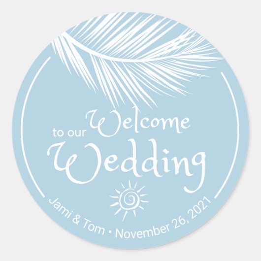 Beach Palm Leaf Soft Blue Wedding Empfang Runder Aufkleber (Vorderseite)