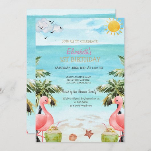 Beach Palm Pink Flamingos Cocktail 1. Einladung (Vorne/Hinten)