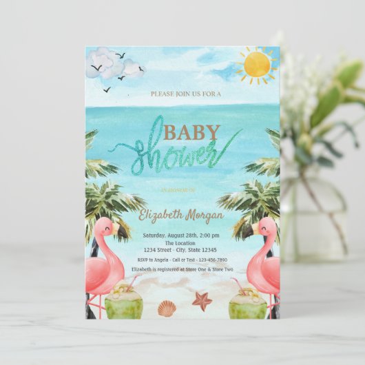 Beach Palm Pink Flamingos Cocktail Babydusche Einladung (Stehend Vorderseite)