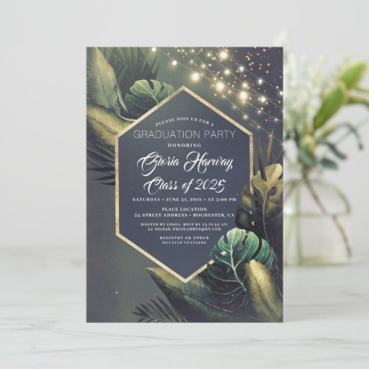 Beach Palm String Lights Abschluss Einladung (Stehend Vorderseite)