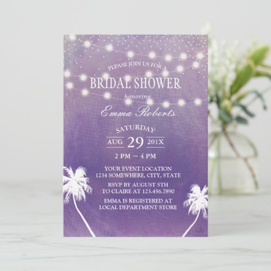 Beach Palm Tree Lila Brautparty Wasserfarbe Einladung (Stehend Vorderseite)