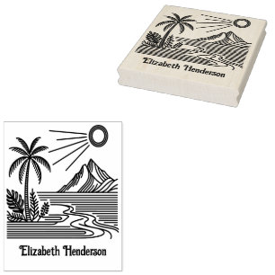 Beach Palm Tree Mountain SQ Library Name Gummistempel