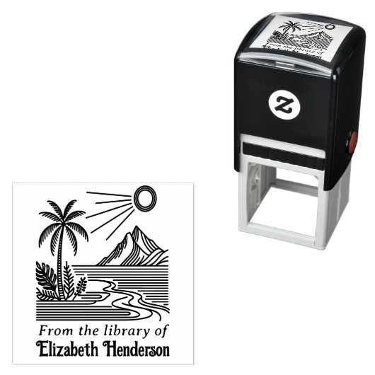 Beach Palm Tree Mountain SQ Library Name Permastempel (Beispiel)