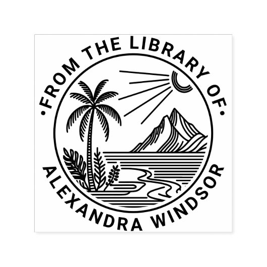 Beach Palm Tree Mountain Sun Library Name Permastempel (Design)