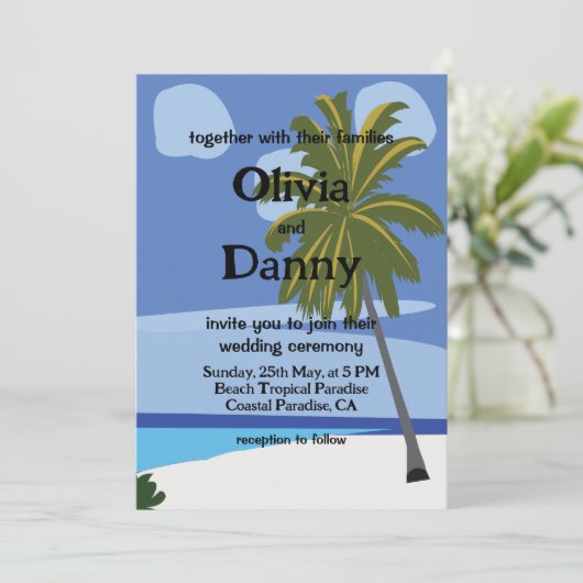 Beach Palm Tree Summer Tropical Beach Hochzeit Einladung (Stehend Vorderseite)