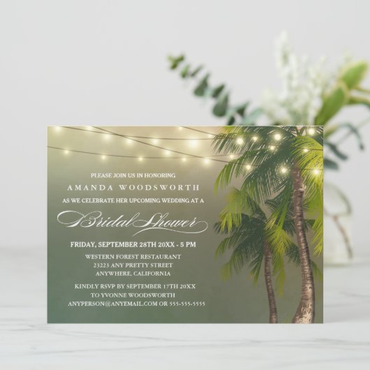 Beach Palm Tree Tropical Bridal Dusche Einladungen (Stehend Vorderseite)