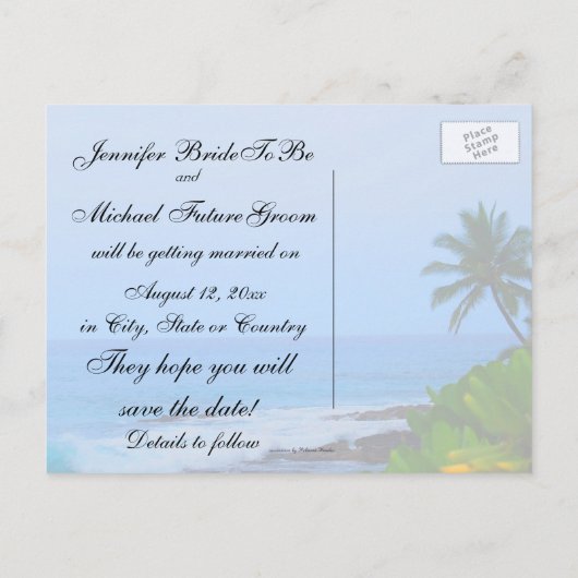 Beach Palm Tree Wedding Save the Date Ankündigungspostkarte (Rückseite)