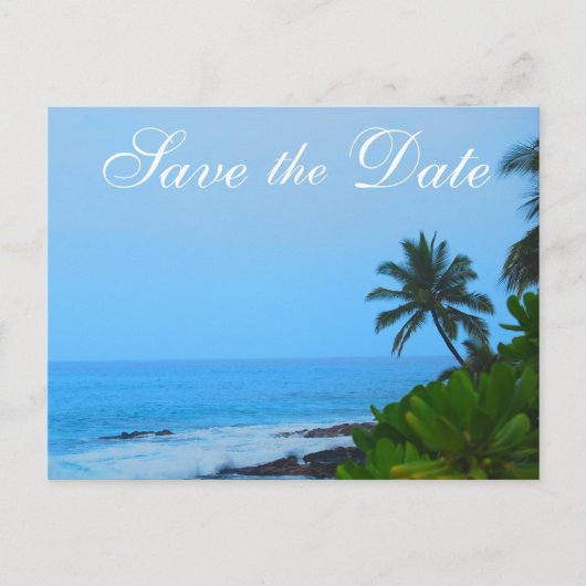 Beach Palm Tree Wedding Save the Date Ankündigungspostkarte (Vorderseite)