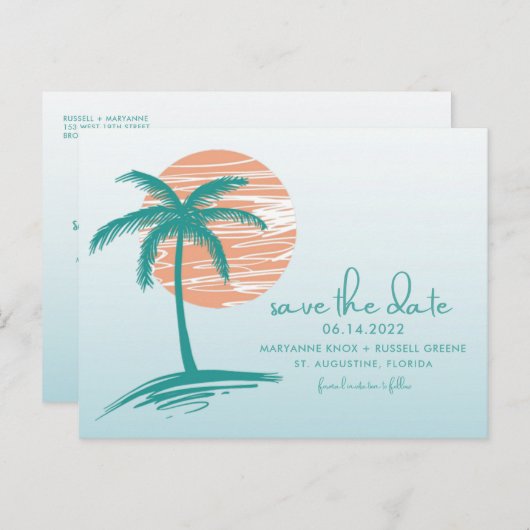 Beach Palm Tree Wedding Save the Date Postcard Ankündigungspostkarte (Vorne/Hinten)