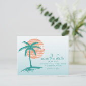 Beach Palm Tree Wedding Save the Date Postcard Ankündigungspostkarte (Stehend Vorderseite)