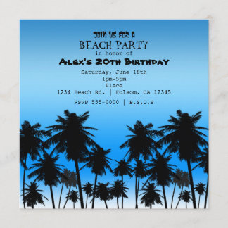 Beach Palm Trees Black & Blue Geburtstagsparty Einladung
