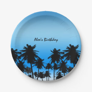 Beach Palm Trees Black & Blue Geburtstagsparty Pappteller