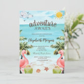 Beach Palms Pink Flamingos Cocktails Einladung (Stehend Vorderseite)