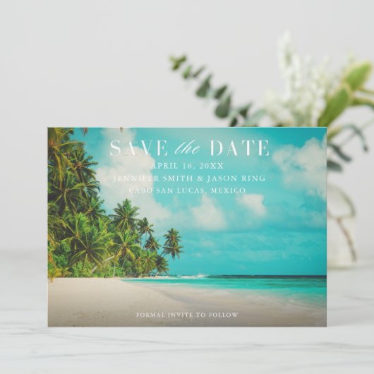 Beach Paradise Foto Wedding Save The Date (Stehend Vorderseite)