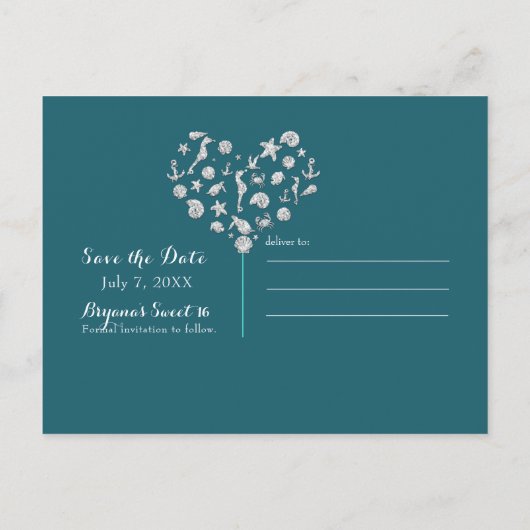 Beach PARTY Aquamarin Diamonds Save the Date Einla Ankündigungspostkarte (Rückseite)