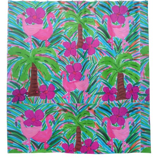 Beach Party Flamingos und Palms Duschvorhang (Vorderseite)