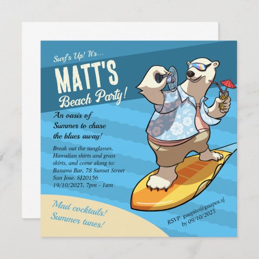 Beach Party Fügen Sie Ihre Daten Surfen Polar Bär Einladung (Vorne/Hinten)