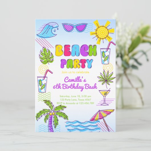 Beach Party Girl Birthday Einladung (Stehend Vorderseite)