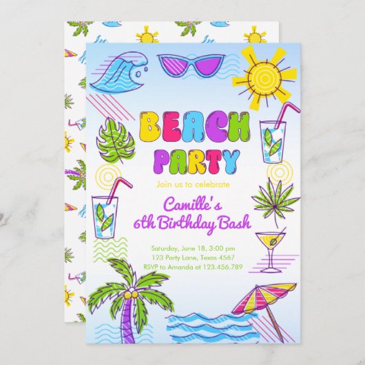Beach Party Girl Birthday Einladung (Vorne/Hinten)