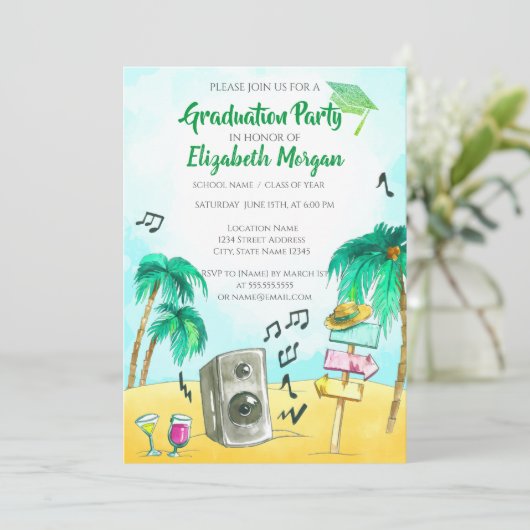 Beach Party Glitzer Grad Cap, Abschluss Einladung (Stehend Vorderseite)