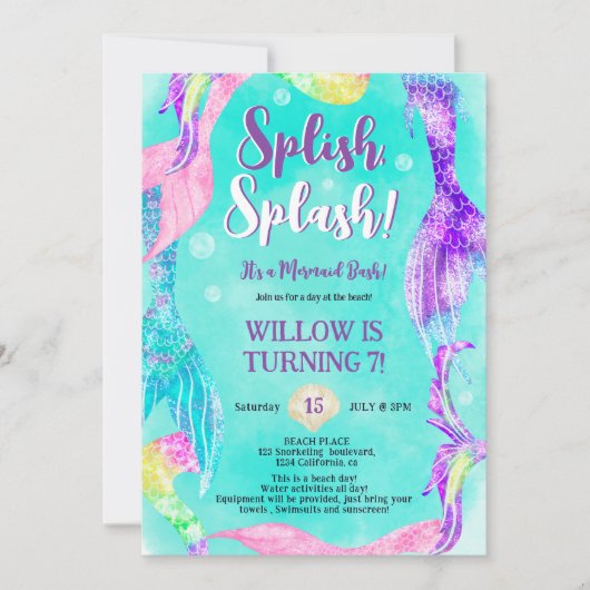 Beach Party Meerjungfrau Schwänze Kindergeburtstag Einladung (Vorderseite)