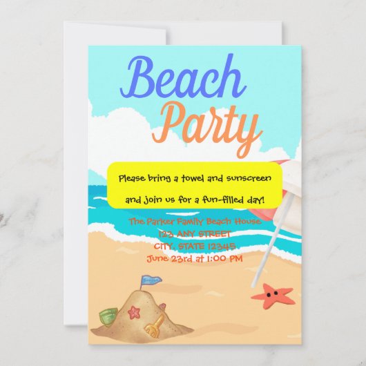 Beach Party mit Sand Castle & a Starfish Party Einladung (Vorderseite)