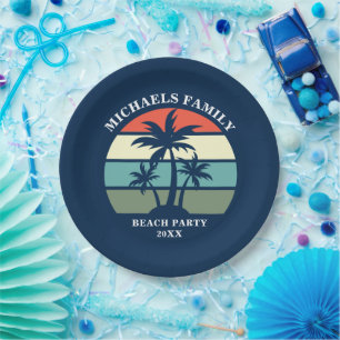 Beach Party Palm Tree Sunset Island Custom Blue Pappteller