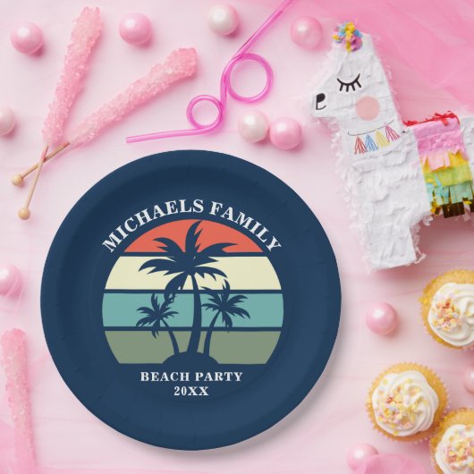Beach Party Palm Tree Sunset Island Custom Blue Pappteller (Party)