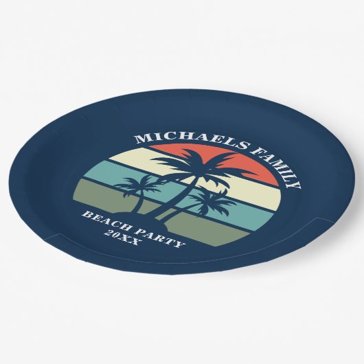 Beach Party Palm Tree Sunset Island Custom Blue Pappteller (Schrägansicht)