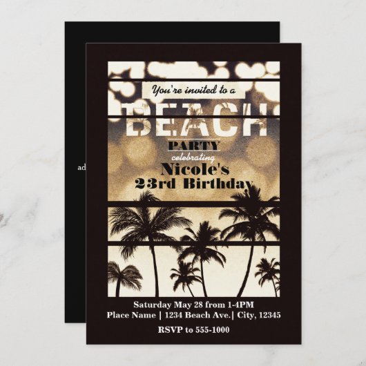 Beach Party Palm Tree Tropical Golden Night Glam Einladung (Vorne/Hinten)