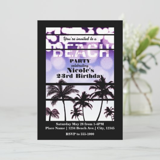 Beach Party Palm Trees Tropical Lila Glam Einladung (Stehend Vorderseite)