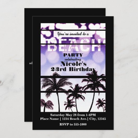 Beach Party Palm Trees Tropical Lila Glam Einladung (Vorne/Hinten)