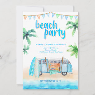Beach Party Retro Van, Surfboard Einladungskarte Einladung