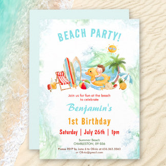 Beach Party Sommer 1. Geburtstag Junge Einladung