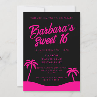 Beach Party Stilvoll Schwarz Pink Sommer süß 16 Einladung
