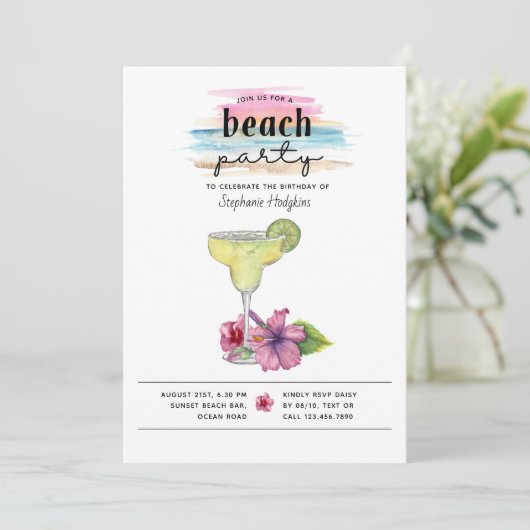 Beach Party Sunset Margarita und Hibiskus Geburtst Einladung (Stehend Vorderseite)