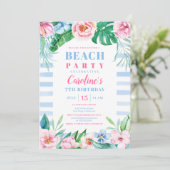 Beach Party Tropical Floral Blue Streifen Geburtst Einladung (Stehend Vorderseite)