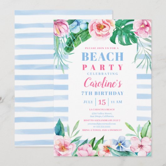 Beach Party Tropical Floral Blue Streifen Geburtst Einladung (Vorne/Hinten)